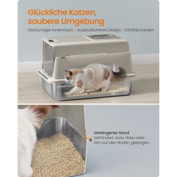 Geschlossene Katzentoilette mit Katze; deutscher Titel 'Glückliche Katzen, saubere Umgebung'; Rand verhindert, dass Streu oder Urin auf den Boden gelangt.