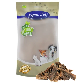 Lyra Hundeleckerlipaket mit "100% natürlich" und "LYRA NATURE POWER," mit drei illustrierten Hunden und Leckerli-Stücken.