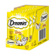 Packung Dreamies Katzenleckerlis in einer hellgelben Box, mit einer verspielten Katzenillustration und Text, der angibt, dass sie Käse enthalten.