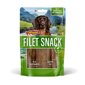 DeliBest FILET SNACK Hundesnack-Beutel mit Hundeabbildung und sichtbaren Streifen, Text „93% Fleischanteil, GLUTEN-FREI“