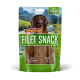 Sachet DeliBest FILET SNACK pour chien avec image de chien et lamelles visibles, texte «93% Fleischanteil, GLUTEN-FREI»