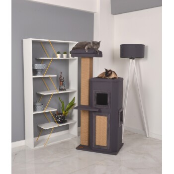 Zwei Katzen entspannen sich auf einem modernen Katzenbaum mit Kratzpfosten, neben einem stilvollen weißen Bücherregal und einer Stehlampe in einem hellen Raum.