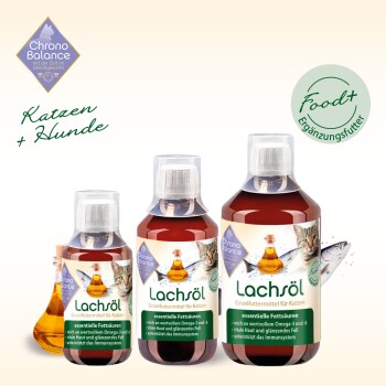 Lachölflaschen für Katzen und Hunde von Chrono Balance, mit essentiellen Fettsäuren, Omega 3 und 6 sowie Immununterstützungsansprüchen.