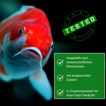 Nahaufnahme eines rot-weißen Koi-Fisches auf schwarzem Hintergrund, mit einem "GETESTET"-Stempel und Text über wissenschaftliche Formulierung und Expertenzusammenarbeit.