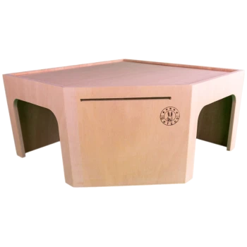 Holz-Futterstation für Haustiere mit glatter Oberfläche und ausgeschnittenen Seiten, mit einem "Getzoo"-Logo mit einem Hasendesign.