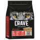 Schwarze Hundefuttertüte mit dem Gesicht eines Wolfes und gelben Augen, beschriftet mit "CRAVE - Satisfy Their Nature", hebt hohen Proteingehalt und natürliches Rindfleisch hervor.