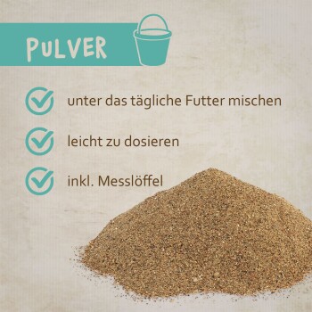 Pulver für Haustiere, mit Text: "unter das tägliche Futter mischen", "leicht zu dosieren", "inkl. Messlöffel".