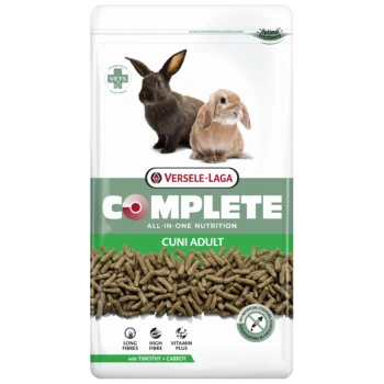 Zak Versele-Laga COMPLETE CUNI ADULT konijnenpellets met twee konijnen; tekst 'Alles-in-één voeding' en 'met timothee + wortel'.