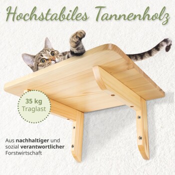 Eine verspielte getigerte Katze schaut über ein Holzregal mit der Aufschrift "35 kg Traglast" und "Aus nachhaltiger Forstwirtschaft."
