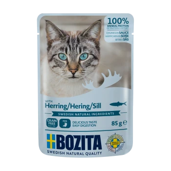 Hondenvoeding zakje met een close-up van een kattengezicht, gelabeld "Bozita" met haring, graanvrije recept, 85g, en claims van gemakkelijke spijsvertering.