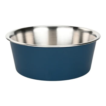 A blue pet food bowl with a stainless steel interior, designed for dogs or cats.