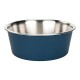 A blue pet food bowl with a stainless steel interior, designed for dogs or cats.