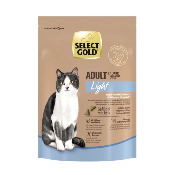 Un sac de nourriture pour chat Select Gold Adult Light avec un chat gris et blanc, conçu pour les chats sujets au surpoids.