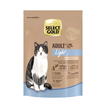 Eine Tüte Select Gold Adult Light Katzenfutter mit einer grau-weißen Katze, entworfen für Katzen, die zu Übergewicht neigen.