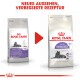 Afbeelding van twee zakken Royal Canin kattenvoer gelabeld "Sterilised 7+" met een nieuw ontwerp en verbeterd recept, met een grijze kat.