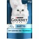 Purina Gourmet Perle Duetto kattenvoer verpakking met een witte kat met groene ogen, gelabeld 'mit Sardine und Thunfisch,' 85g.