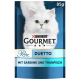 Verpackung von Purina Gourmet Perle Duetto Katzenfutter mit einer weißen Katze mit grünen Augen, beschriftet mit "mit Sardine und Thunfisch", 85g.