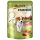 Hundefutterverpackung mit "MultiFit FARMER" mit natürlichen Zutaten, glutenfreier Formel und Bildern von Truthahn, Erbsen und Karotten.