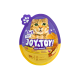 Eiförmige lila-gelbe Katzensnack-Verpackung mit Katzenmotiv, Text „JOY & TOY!“, „2 in 1“ und dünnen Hähnchenflocken.