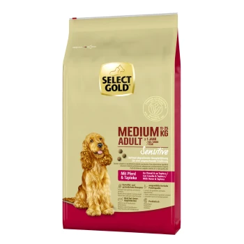 Select Gold Medium Adult Hundefuttertüte, 11-25 kg, beschriftet mit "Sensitive" und einer Hundillustration, mit Zutaten: Pferd und Tapioka.