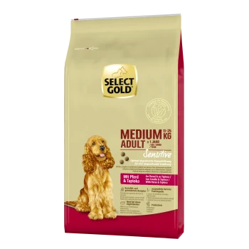 Select Gold Medium Adult hondenvoer zak, 11-25 kg, gelabeld "Sensitive" met een hondenillustratie, met ingrediënten: paard en tapioca.
