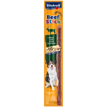Emballage de bâton de boeuf Vitakraft mettant en avant un chien souriant, soulignant qu'il contient plus de 90 % de viande, de gibier sauvage, et sans sucre ajouté.