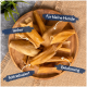 Eine Holzschüssel mit Hundeleckerlis, beschriftet mit "lecker," "für kleine Hunde," "fettarm" und "Belohnung."