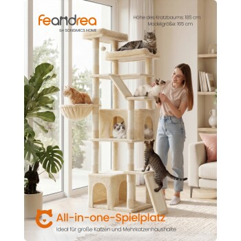Beiger mehrstufiger Kratzbaum mit fünf Katzen und einer Frau; sichtbarer Text: 'feandrea by SONGMICS HOME'; 'All-in-one-Spielplatz'