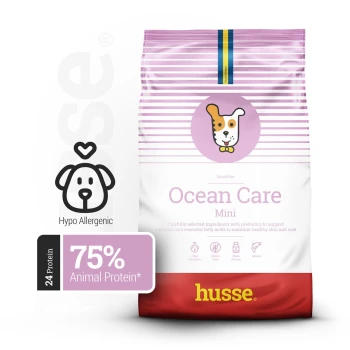 Beutel "Ocean Care Mini" Hundefutter von Husse, hypoallergen, 75% tierisches Protein, fördert gesunde Haut und Fell.