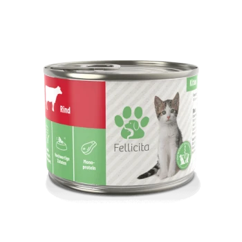 Dose Fellicita Kittenfutter, Rindfleischgeschmack, mit einem Katzenbild und pinker Verpackung. Der Text enthält "Rind für Kitten" und "Natürlich - Rein - Gesund."