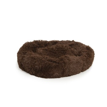 Rundes, flauschiges braunes Haustierbett mit einer weichen, zotteligen Textur, ideal für kleine Hunde oder Katzen.