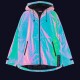 Eine glänzende, schillernde Regenjacke mit Kapuze, mit Reißverschlusstaschen und dem Markennamen "PAIKKA" auf dem Ärmel.