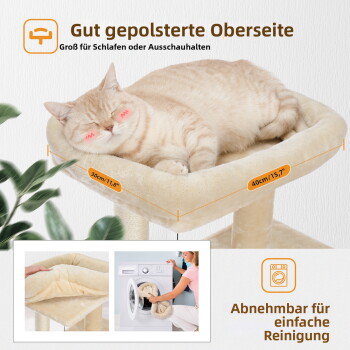 Beige zweistöckiger Katzenkratzbaum mit zwei Katzen, eine innen und eine oben, mit Text „Dual Cozy Condos Comfortable 'Me' Time.“