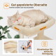 Beige zweistöckiger Katzenkratzbaum mit zwei Katzen, eine innen und eine oben, mit Text „Dual Cozy Condos Comfortable 'Me' Time.“