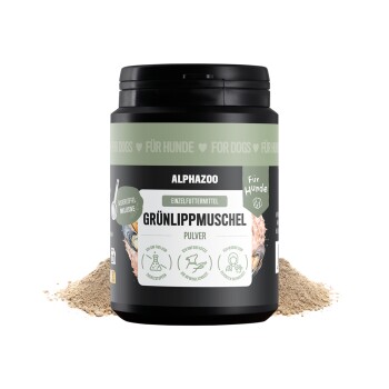 Verpackung von ALPHAZOO Care Grünlippmuschel, einem Haustier-Nahrungsergänzungsmittel, mit einem schwarzen Etikett mit Symbolen für Vorteile und dem Text "Ich bin kompostierbar!"