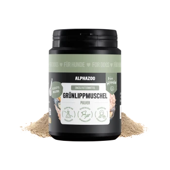 Verpackung von ALPHAZOO Care Grünlippmuschel, einem Haustier-Nahrungsergänzungsmittel, mit einem schwarzen Etikett mit Symbolen für Vorteile und dem Text "Ich bin kompostierbar!"