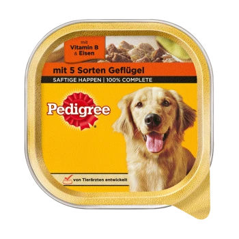 Verpackung von Pedigree Hundefutter mit einem lächelnden Golden Retriever, beschriftet mit 'mit 5 Sorten Geflügel' und '100% COMPLETE.'