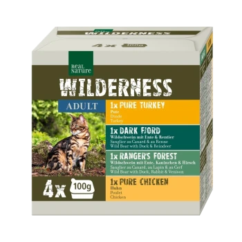 Verpackung für Real Nature Wilderness Katzenfutter, mit einer Bengal-Katze, mit Geschmacksrichtungen: Pure Turkey, Dark Ford, Ranger's Forest und Pure Chicken.
