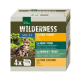 Verpackung für Real Nature Wilderness Katzenfutter, mit einer Bengal-Katze, mit Geschmacksrichtungen: Pure Turkey, Dark Ford, Ranger's Forest und Pure Chicken.