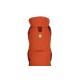 Orangene Hundejacke mit Kapuze, mit einem Ruffwear-Logo auf der Vorderseite und einer Tasche auf der Rückseite.