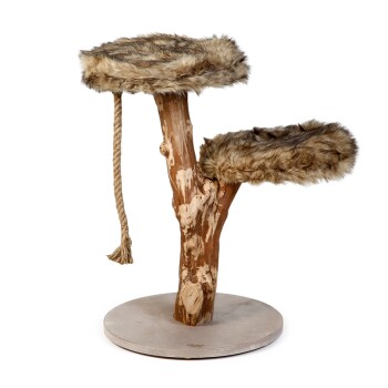 Katzenbaum mit zwei plüschigen, mit Fell bedeckten Plattformen und einem Sisal-Seil zum Kratzen, montiert auf einer stabilen Holzbasis.