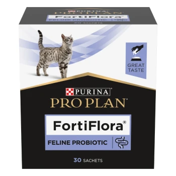 FortiFlora Feline Probiotic Purina Pro Plan FortiFlora Katzenprobiotika-Box mit einer grau gefleckten Katze, beschriftet mit '30 Beutel' und 'Großer Geschmack.'