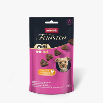 Animonda Vom Feinsten Mini Bites Hundesnackbeutel, pink/schwarz, herzförmige Stücke, Huhn mit Artischocke, 50 g.
