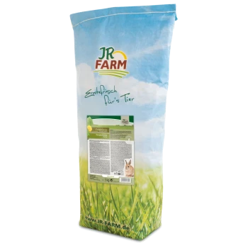 Un sac de 5 kg de nourriture pour animaux de compagnie sans céréales JR FARM, avec un fond de ciel bleu et d'herbe, avec une image de lapin et des détails sur le produit sur l'étiquette.