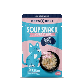 Suppensnack für Katzen, mit Lachsfilet und Kürbis, beschriftet mit "+Beauty Complex" für Haut und Fell, 40g Paket.
