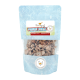 Gefriergetrocknete Hühnerherzen als Snack für Katzen, verpackt in einer klaren Tüte mit einem hellblauen Design und Etiketten in Deutsch und Englisch.