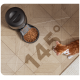 Eine Draufsicht auf einen Katzenfutterspender mit Trockenfutter, eine rote Katze schnüffelt in der Nähe, und die Zahl "145°" wird auf dem Boden angezeigt.