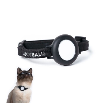 Schwarzes verstellbares Katzenhalsband mit einem weißen runden Anhänger, mit dem Markennamen 'LUCYBALU', neben einer Siamkatze, die ein ähnliches Halsband trägt.