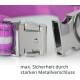 Nahaufnahme eines lila Haustierhalsbands mit einer stabilen Metallschnalle, mit dem Text "max. Sicherheit durch starken Metallverschluss."