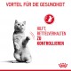 Eine graue Katze, die auf ihren Hinterbeinen steht, mit dem Text 'VORTEIL FÜR DIE GESUNDHEIT HILFT, BETTELVERHALTEN ZU KONTROLLIEREN' in Rot.